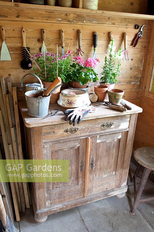 Work table in the garden house 