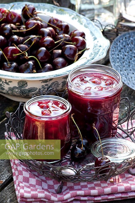 Jars of cherry jam, Prunus avium Large Black Cartilage Cherry 