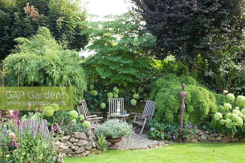 Seating area with bamboo, Fargesia murielae, Hydrangea arborescens Annabelle 