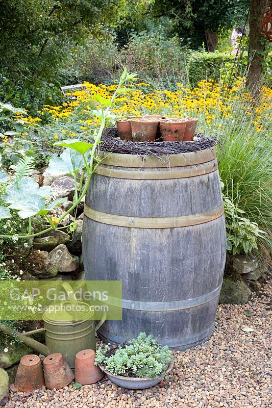 Wooden barrel as garden decoration 