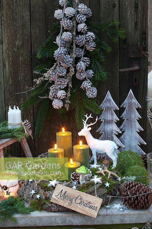Advent wreath made of tree bark and moss 