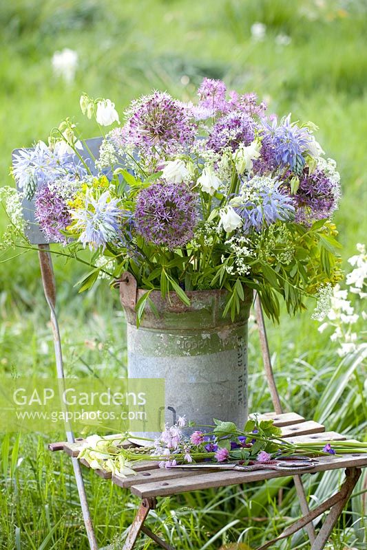 Bouquet with ornamental onion, prairie lilies, columbine, meadow rue, allium, camassia, aquilegia, thalictrum 