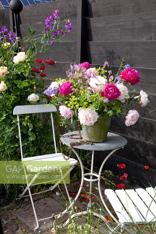 Seating on the terrace with bouquet of peonies, Paeonia 
