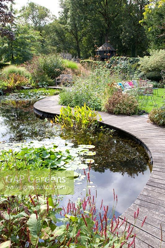 Pond with curved wooden walkway 
