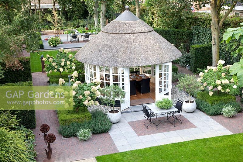 Garden with gazebo, Chinese hard stone paving and brick 