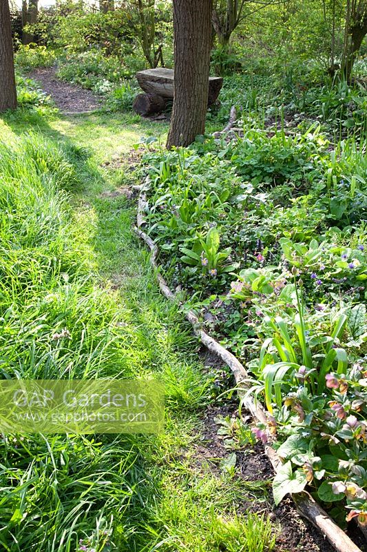 Path in the natural garden with bed edging made of branches 