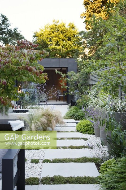 The planting by the path of sandstone paving stones leading to the zinc clad building includes Stipa tenuissima and Verbena bonariensis by the water feature and Astelia chathamica, Pittosporum tobira 'Nanum' and Hakonechloa macra on the right with Thymus praecox 'Albiflorus' running between the paving stones.