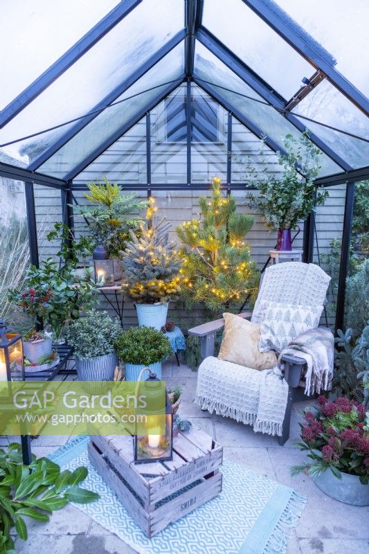 Recycled plastic chair with blankets and cushions, wooden crate and plants adorned with fairy lights inside a greenhouse