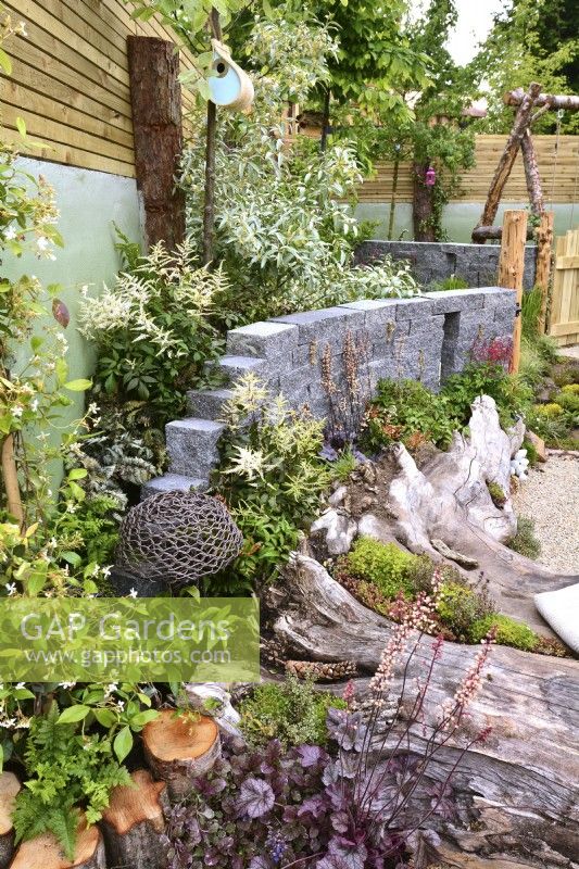 A woodland inspired border surrounded by a wooden planks fence with utilized large logs,  posts and a decorative Connemara walling system with a rustic effect. Planted with Heuchera 'Licorice', climbing of Trachelospermum jasminoides, Astilbe koreana and Pyrus salicifolia.
Designer: Mary Anne Farenden. Bord Bia Bloom, Dublin, Ireland