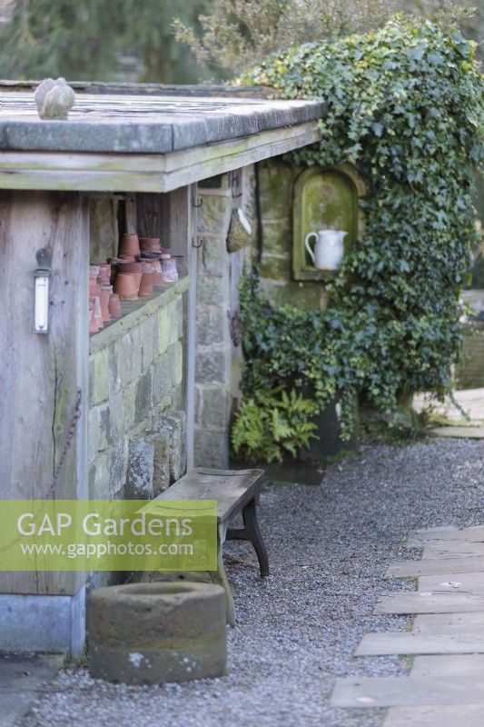 Bench by the potting shed at York Gate Garden in February