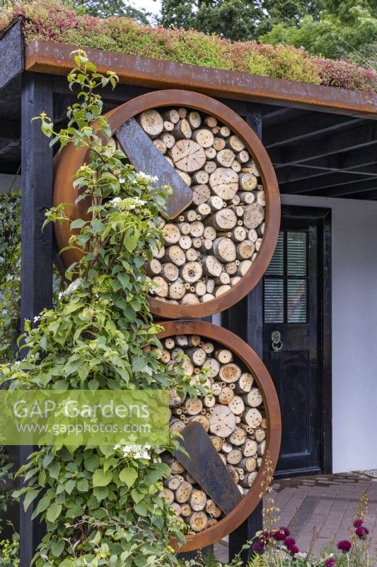 Urban front garden with Sedum green roof and round insect hotels made of wood and rusty rings surrounded by Hydrangea petiolaris. Designer: Nicola Haines, Citroen Power of One at Bord Bia Bloom Dublin 2023