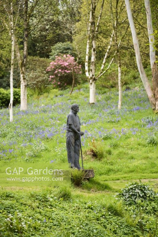 Statue of Dr Jimmy Smart, creator of Marwood Hill Gardens in Devon, in April