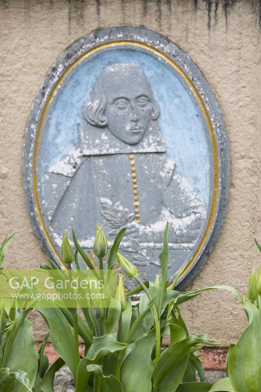 The Shakespeare Monument wall plaque. April. Spring. 
