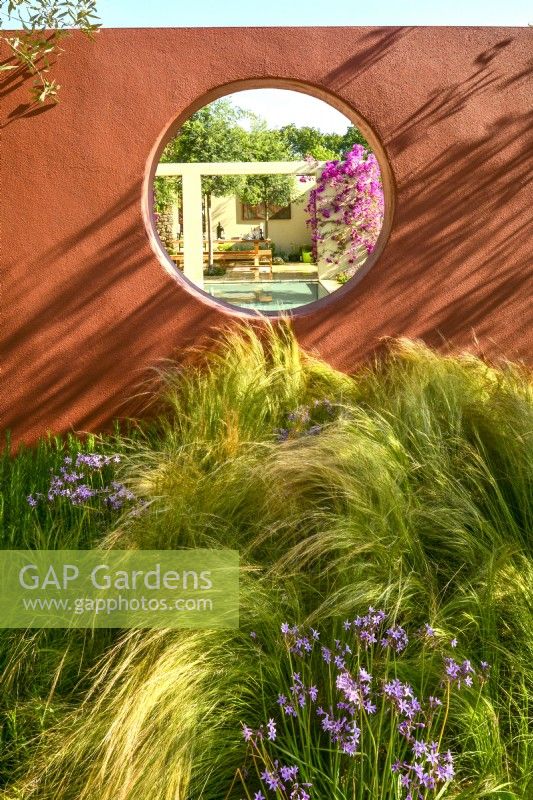 A orange compartment wall underplanted with Stipa tenuissima. Circular open window with view to patio in Mediterranean garden. June
Designer - Alan Rudden