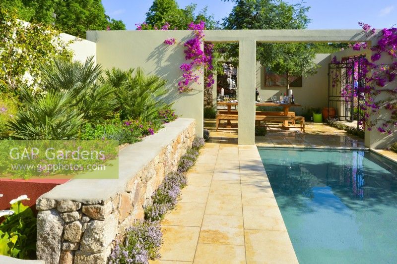 View across Mediterranean garden with patio, large pool, stones raised bed with exotic plants  includes Chamaerops humilis. June
Designer: Alan Rudden
