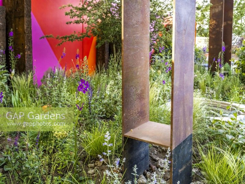 Corten steel columns and a square water bowl  surrounded by perennial planting such as Verbascum 'Violetta' beside a vibrant wall. RHS Chelsea Repurposed, Feature Garden 2024, Designers: Darryl Moore  and  Toby Magee