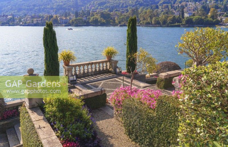 View down to the lower terrace with formal garden to Lago Maggiore at the south side of the Italian-style baroque Garden Isola Bella.
