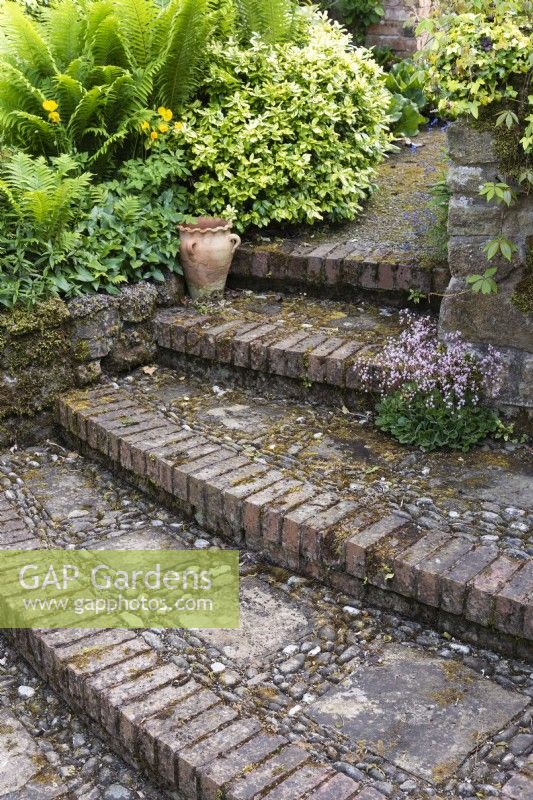Curved steps of paving slabs and cobbles edged with bricks