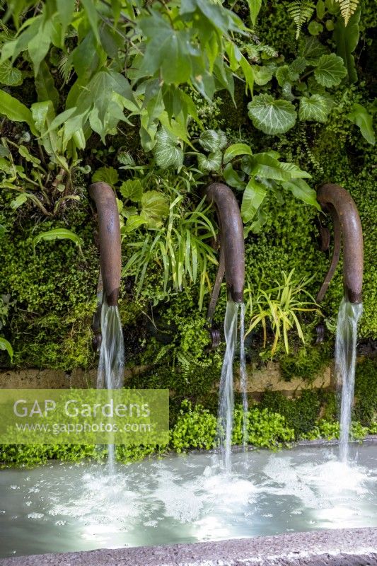 Flowing water from three metal pipes in pool on The Ecotherapy Garden: Designed by Tom Bannister