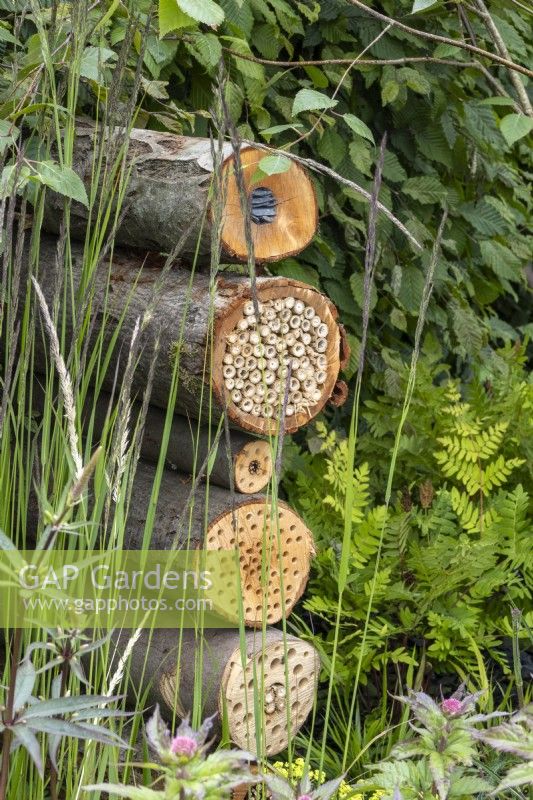 Logs have been drilled and stacked to make a bug hotel - Eco Oasis Garden - designer Dan Hartley - BBC Gardeners' World Live 2024