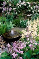 Mill stone water feature with Hostas at Cacketts Farm House in Kent