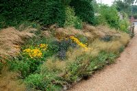 Border with Calamagrostis, Rudbeckias and Deschampsia flexuosa at Knoll Gardens near Ferndown in Dorset