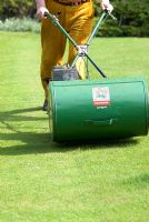 Man mowing the lawn with a petrol cylinder mower 