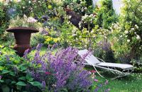 Informal garden with sun lounger and rusty urn  Sitzplatze. Rosen.  Rosengarten. Katzenminze. Nepata Liege von Unopui