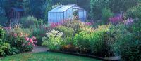 Perennial and annual borders with view to greenhouse which has been white-washed for shade