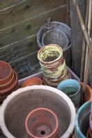 Collection of reused planting pots