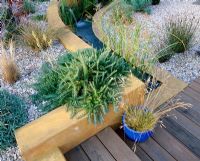 Gravel garden with rendered concrete wall, water rill, wooden decking, blue glazed container with grass and rosemary sprawling over wall