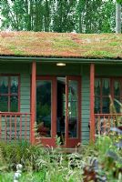Living roof with sedums on the roof of the garden pavilion, June