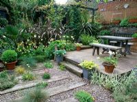 Small jungly urban garden - Sandstone terrace with granite table and benches, railway sleepers and gravel with Thrift and grasses, Phormium tenax 'Atropurpureum', Trachycarpus fortunei, ferns, Stipa gigantea, Cordyline, Tulipa, wallflowers, Hostas and Buxus sempervirens in pots, Pergola covered in climbers
