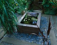 Raised wooden pond with Nymphaea and slate water feature