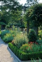 Low Buxus - box hedge surrounding flowerbeds with Lonicera covered pergola - New York, USA 