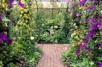 Trellis arch, path and focal point with Clematis jackmanii and Rosa banksii - Chelsea FS  