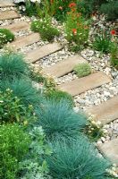 Path of wooden sleepers through pebbles with Festuca glauca, Papaver and Erigeron - 
'Shinglesea' garden, Chelsea 2007 

    
