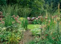 Angelica sylvestris 'Vicar's Mead' and Molinia caerulea Arundinacea 'Transparent' edge a pathway to raised deck area with vintage wicker chairs in a shady, damp garden