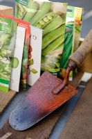 Hand trowel with vegetable seed packets