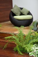 Contemporary seating area with Hostas and ferns - Formal Elements Garden, RHS Hampton Court Flower Show 2008