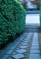 Diagonal patterned path between hedges - Taizo-in Temple, Myoshin-ji, Kyoto