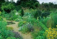 Mixed borders including Phlomis, Salvia, Cynara and topiary pyramids, central pond feature - Designed by Penelope Hobhouse, The Coach House, Bettiscombe