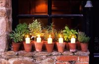 Candles in terracotta pots on windowsill with potted herbs - The Oast Houses, Hampshire 