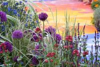 Mixed planting of Allium, Centranthus ruber, Salvia and Miscanthus sinensis 'Variegatus' - From Life to Life, A Garden for George - Chelsea Flower Show 2008