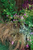 Grasses, ferns and perennials border. 'The Shepherd's Retreat' garden at RHS Hampton Court Flower Show.