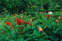 Dahlias, upturned straw filled flowerpots on stakes creating insect havens, step-over apples and a beehive in a summer border - Designed by Alan Titchmarsh at Barleywood, Hampshire