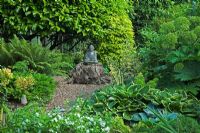 Stone statue of a Buddha sitting on an old tree stump in a woodland garden with Hosta 'Aureomarginata' and ferns