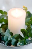 White candle on silver metal plate with eucalyptus 