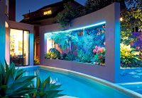 Swimming pool lit up at night - Classic portal design, poolside with tropical planting in a New Zeland garden.