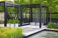 A paved terrace leads from a glass walled garden room beside a water creek with a timber paths surrounded by planting including - Carex muskingumensis, Mathiasella bupleuroides 'Green Dream', Libertia grandiflora, espaliered Carpinus betulus, Hedera helix planted in the wall, Zantedeschia aethopica 'Crowborough', Carex restrata in The Daily Telegraph Garden, sponsored by The Daily Telegraph - Gold medal winner at RHS Chelsea Flower Show 2009